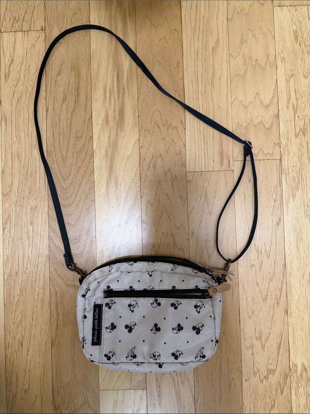Petunia Pickle Bottom Beige Crossbody with Black Strap and Print